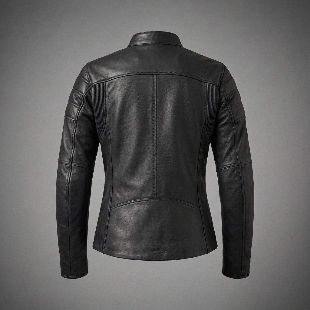 Women's Black Leather Biker Jacket with Quilted Shoulders