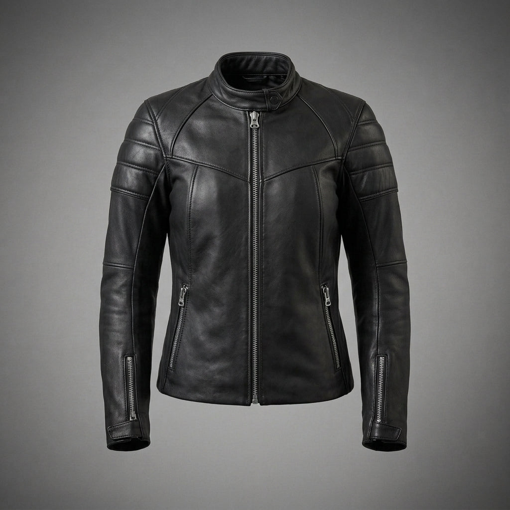 Women's Black Leather Biker Jacket with Quilted Shoulders
