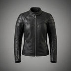 Women's Black Leather Biker Jacket with Quilted Shoulders