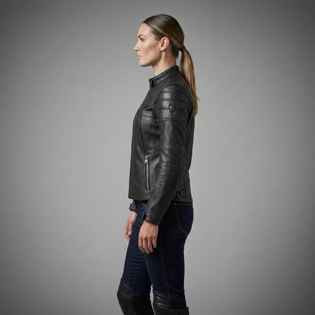 Women's Black Leather Biker Jacket with Quilted Shoulders