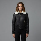 Women's Black Shearling Collar Bomber Jacket