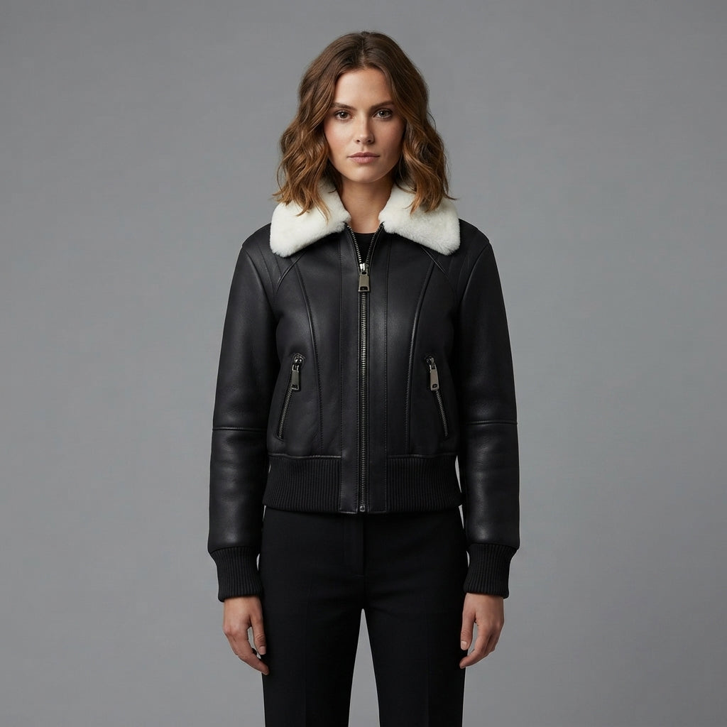 Women's Black Shearling Collar Bomber Jacket