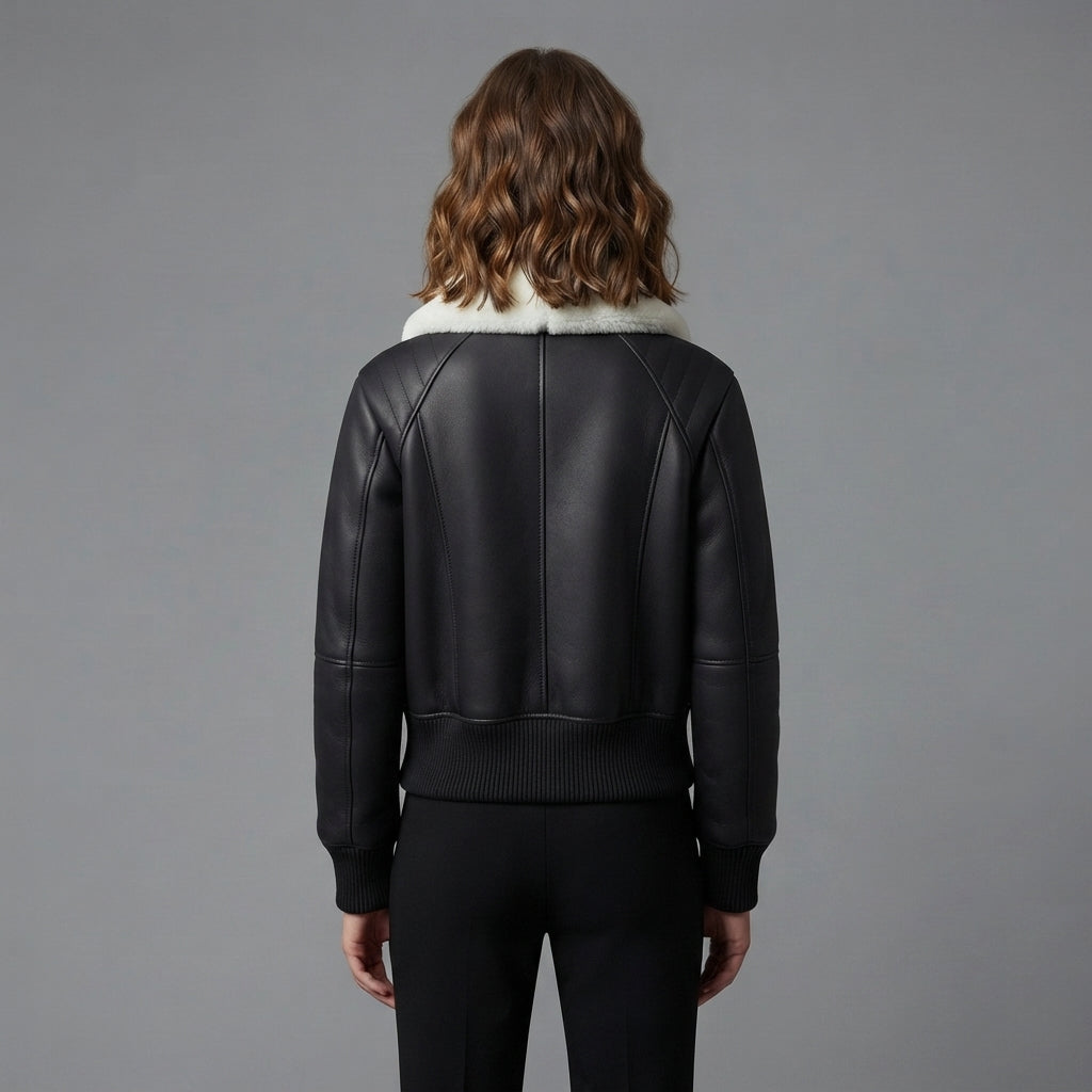 Women's Black Shearling Collar Bomber Jacket