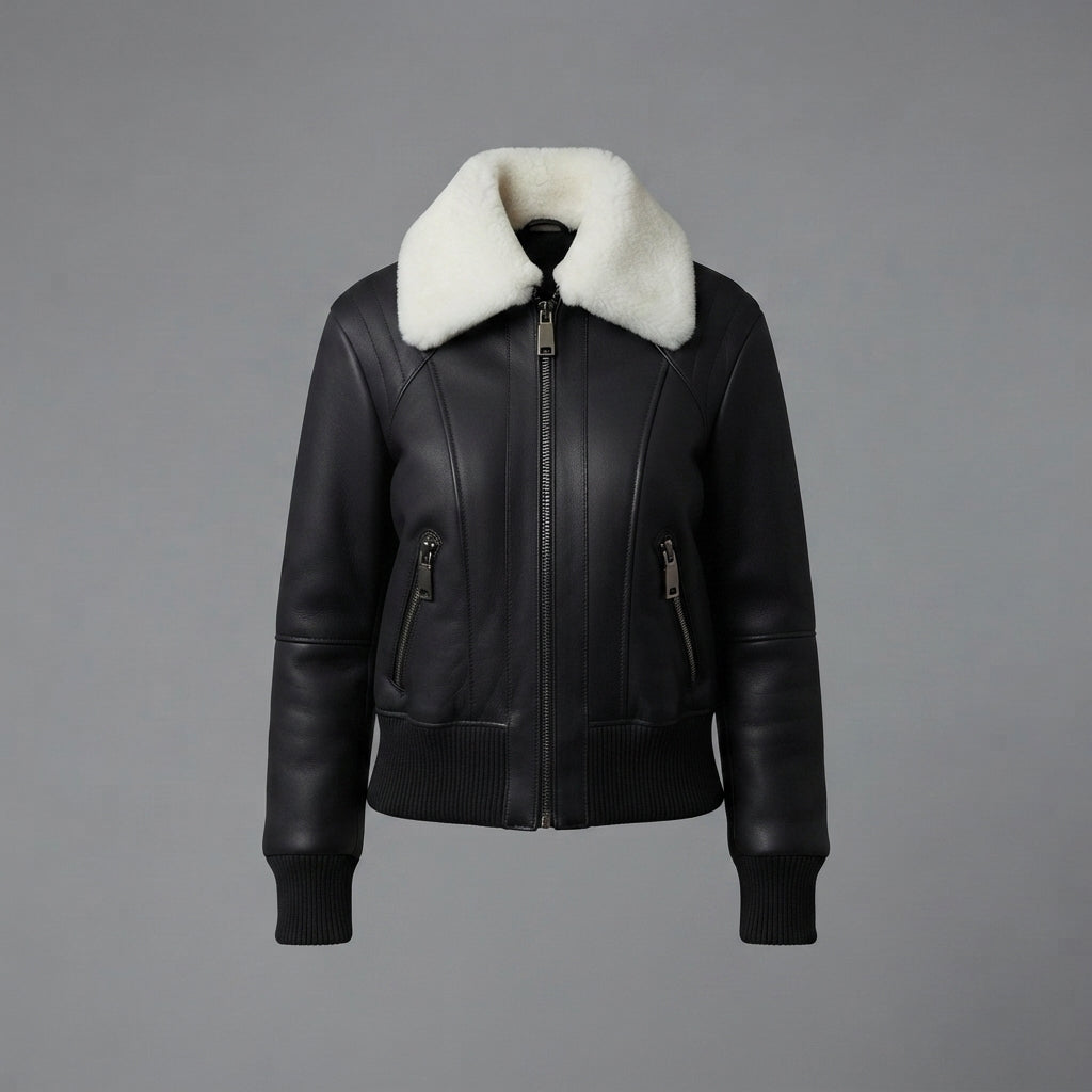 Women's Black Shearling Collar Bomber Jacket