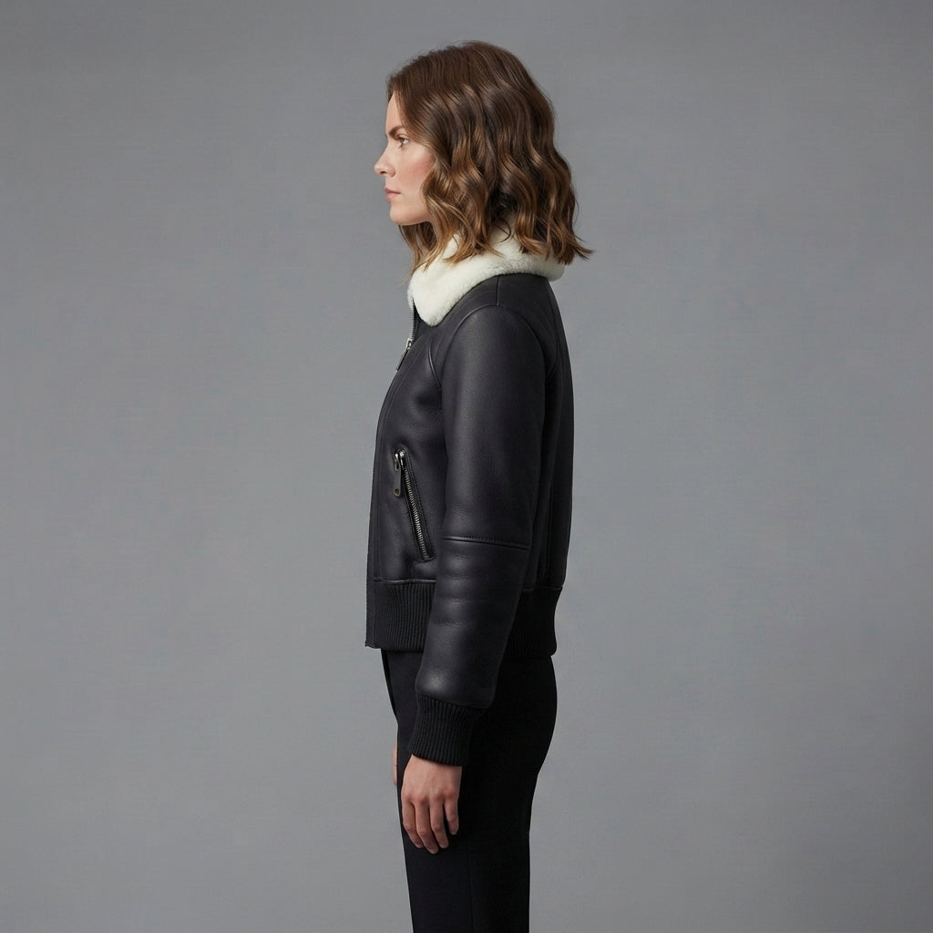 Women's Black Shearling Collar Bomber Jacket