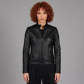 Women's Black Leather Café Racer Jacket with Snap Collar