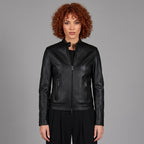 Women's Black Leather Café Racer Jacket with Snap Collar