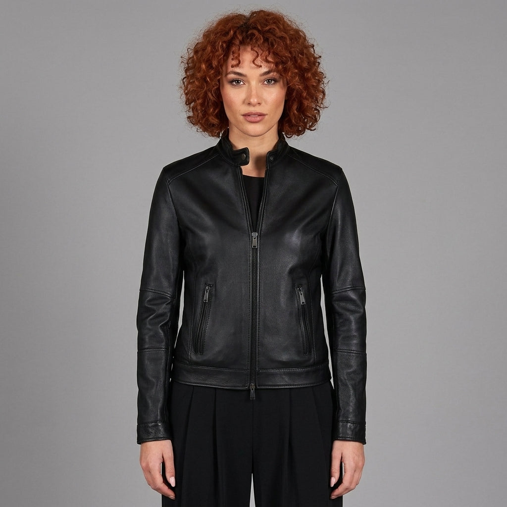 Women's Black Leather Café Racer Jacket with Snap Collar