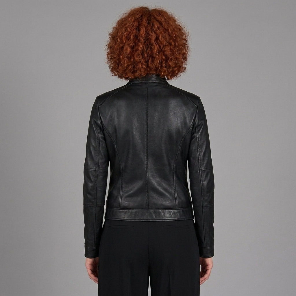 Women's Black Leather Café Racer Jacket with Snap Collar
