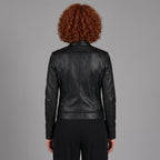 Women's Black Leather Café Racer Jacket with Snap Collar