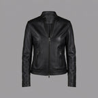 Women's Black Leather Café Racer Jacket with Snap Collar
