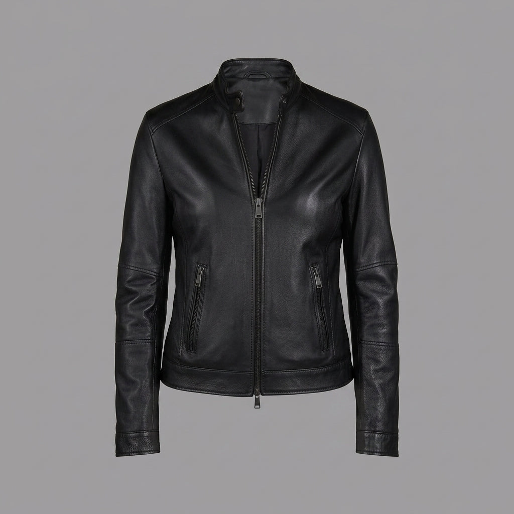 Women's Black Leather Café Racer Jacket with Snap Collar