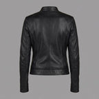 Women's Black Leather Café Racer Jacket with Snap Collar