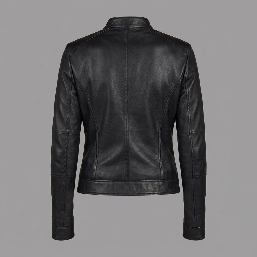 Women's Black Leather Café Racer Jacket with Snap Collar