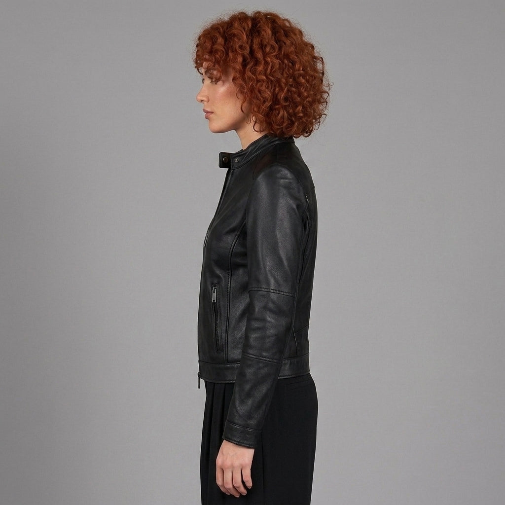 Women's Black Leather Café Racer Jacket with Snap Collar