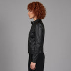 Women's Black Leather Café Racer Jacket with Snap Collar