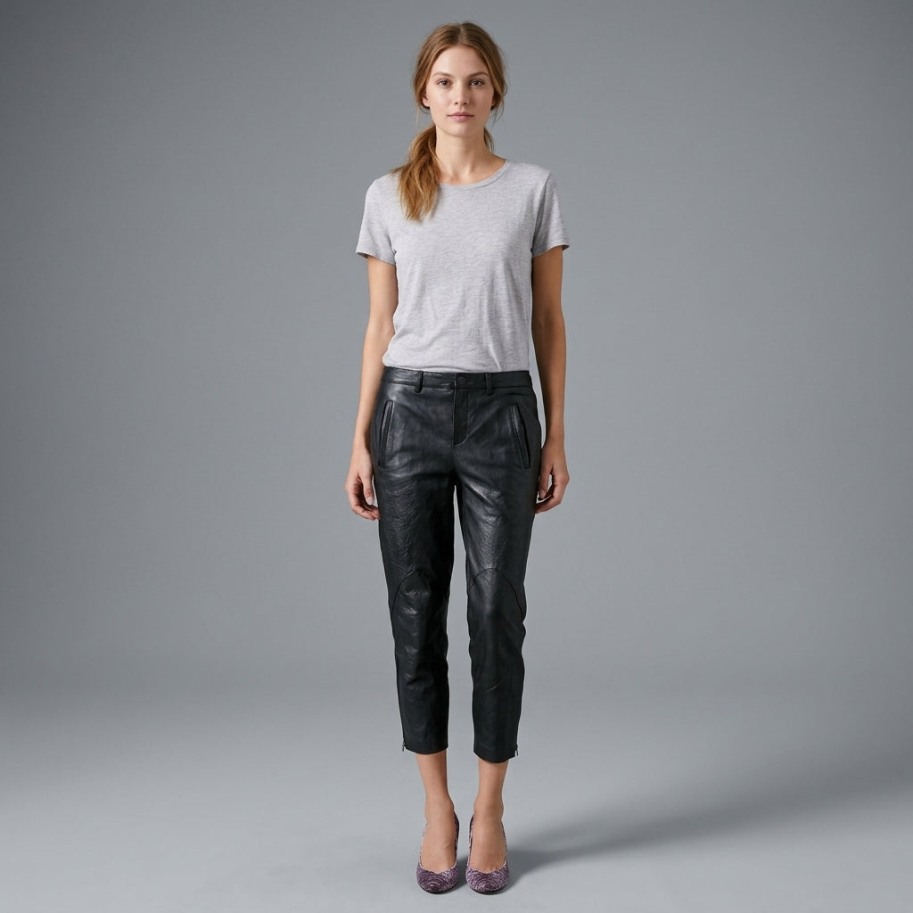 Women's Black Leather Cropped Pants