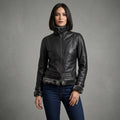 Women's Black Leather Jacket with Charcoal Shearling Collar
