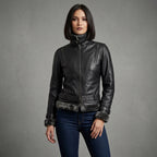Women's Black Leather Jacket with Charcoal Shearling Collar
