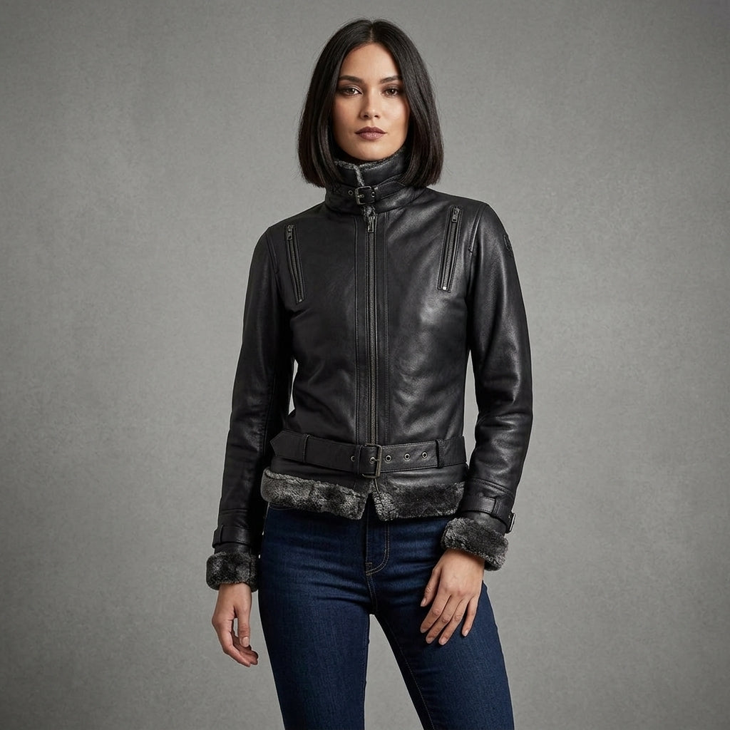 Women's Black Leather Jacket with Charcoal Shearling Collar