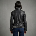 Women's Black Leather Jacket with Charcoal Shearling Collar