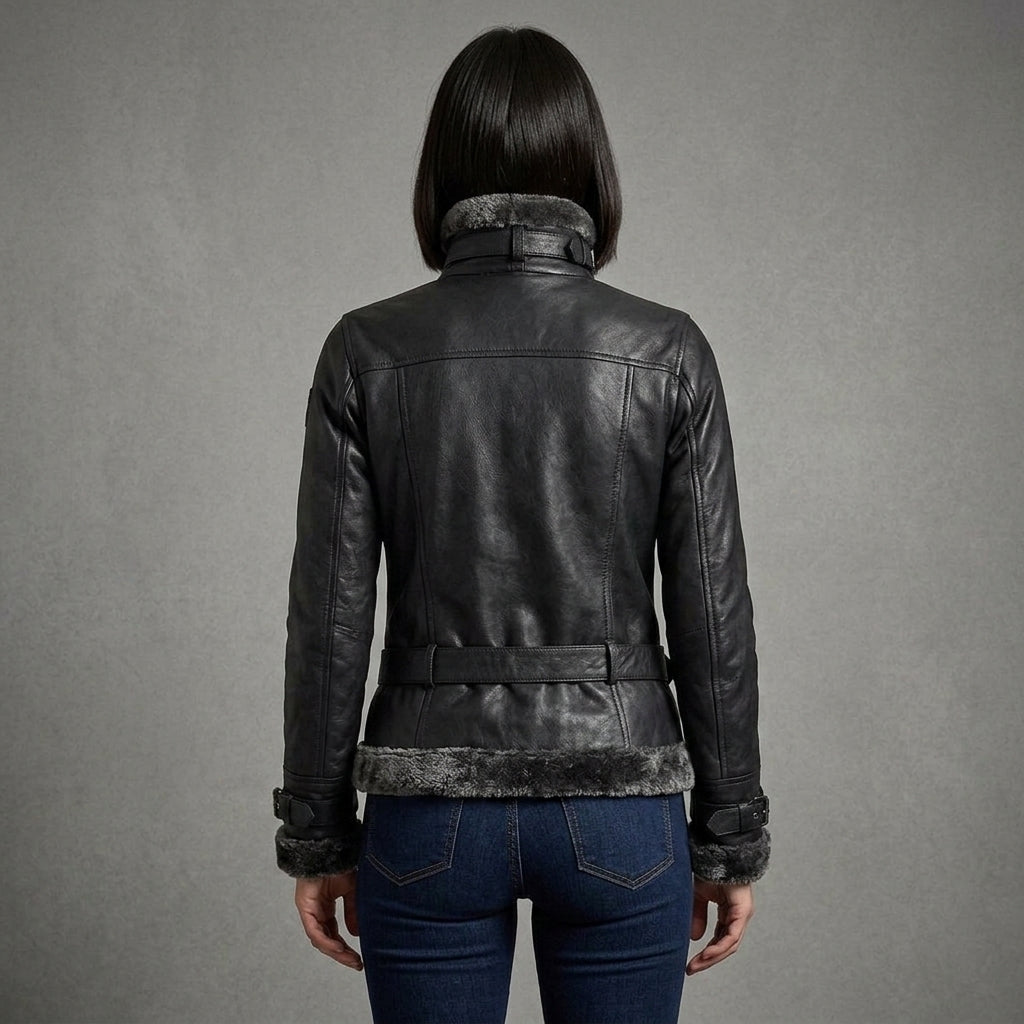 Women's Black Leather Jacket with Charcoal Shearling Collar