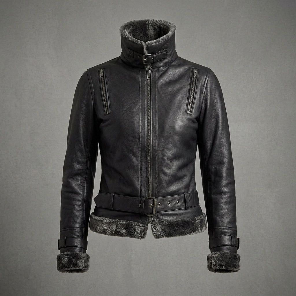 Women's Black Leather Jacket with Charcoal Shearling Collar