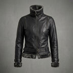 Women's Black Leather Jacket with Charcoal Shearling Collar