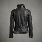 Women's Black Leather Jacket with Charcoal Shearling Collar
