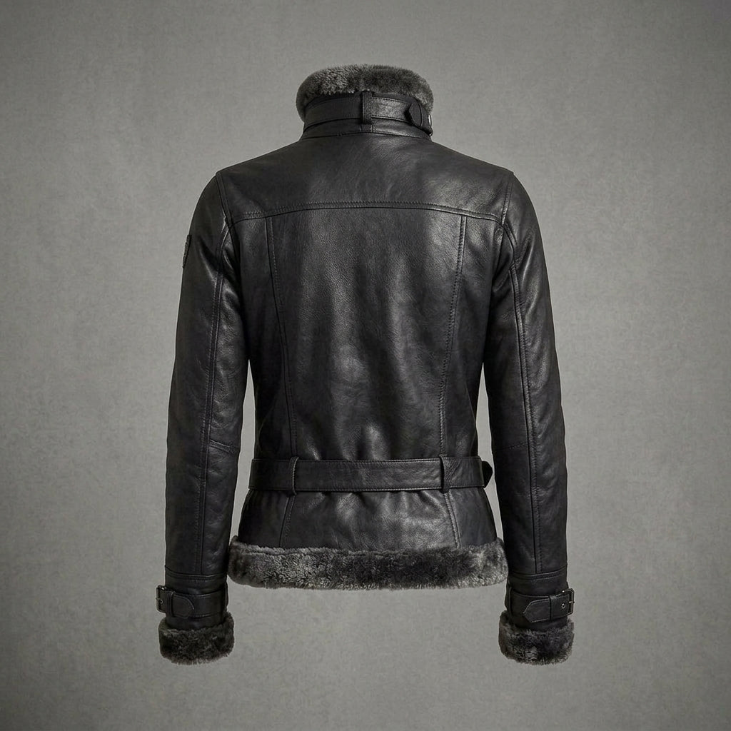 Women's Black Leather Jacket with Charcoal Shearling Collar