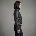 Women's Black Leather Jacket with Charcoal Shearling Collar