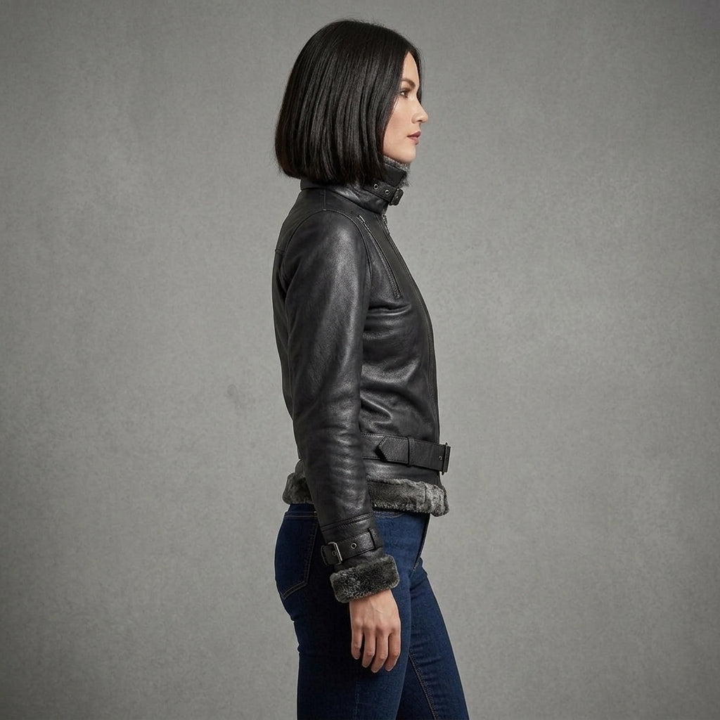 Women's Black Leather Jacket with Charcoal Shearling Collar