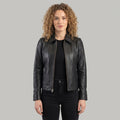 Women's Black Leather Jacket with Pointed Collar