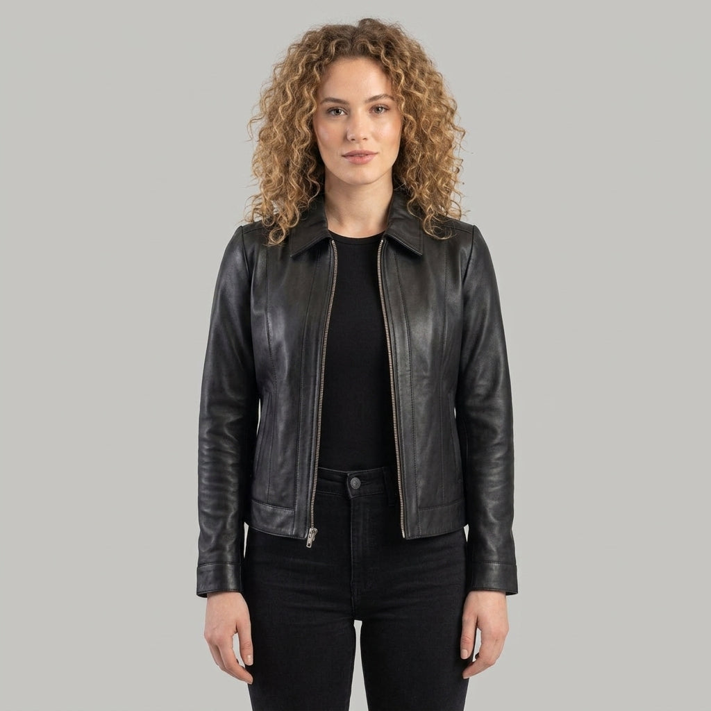 Women's Black Leather Jacket with Pointed Collar