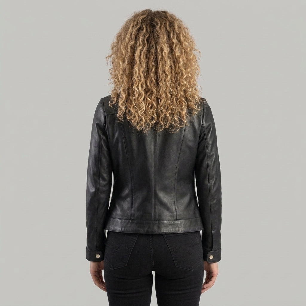 Women's Black Leather Jacket with Pointed Collar