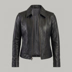 Women's Black Leather Jacket with Pointed Collar