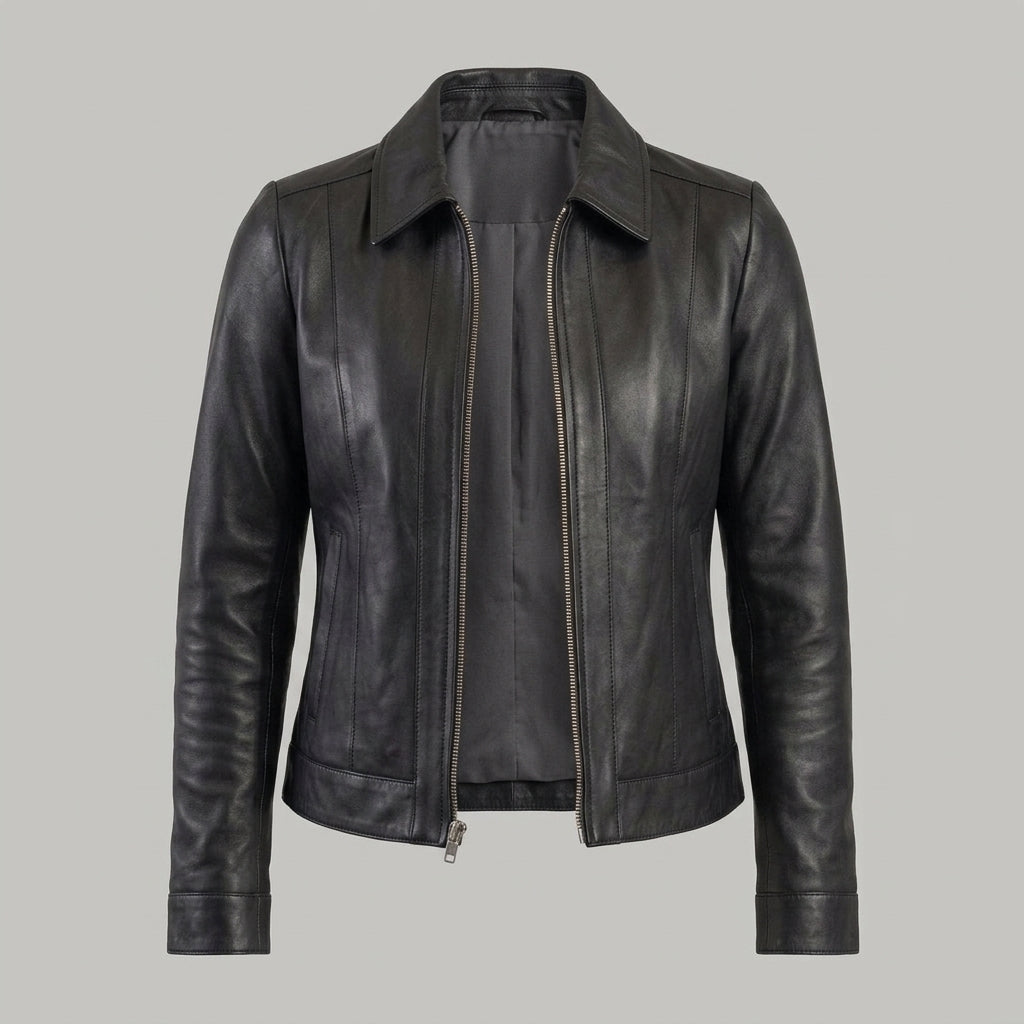 Women's Black Leather Jacket with Pointed Collar