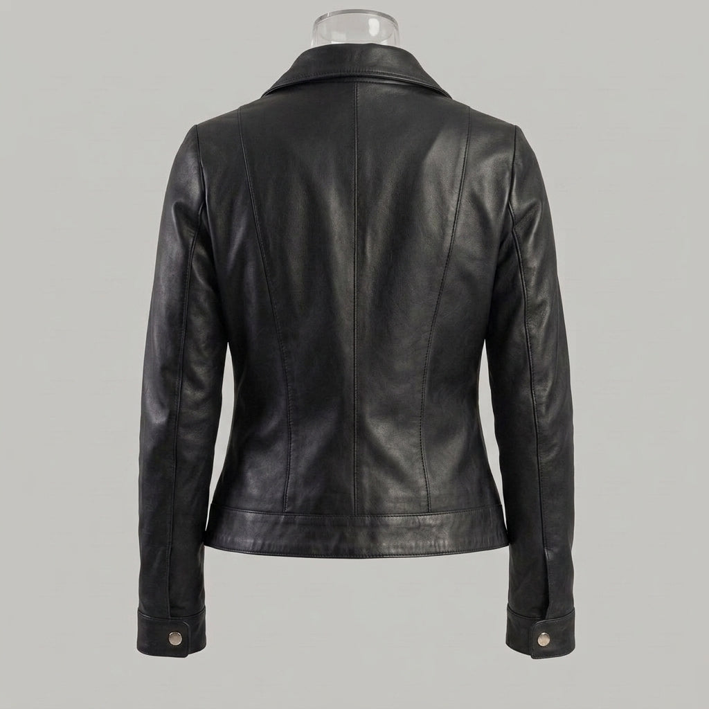 Women's Black Leather Jacket with Pointed Collar