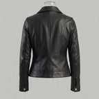 Women's Black Leather Jacket with Pointed Collar