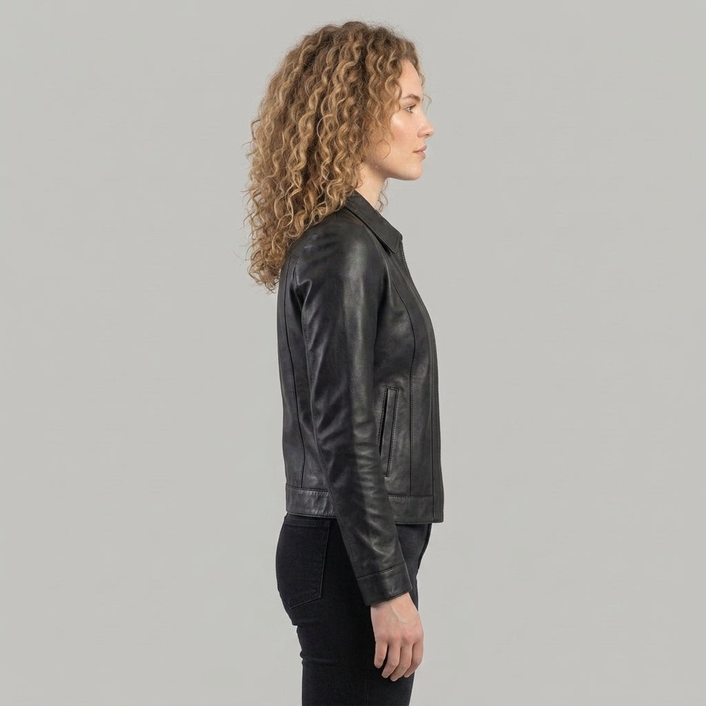 Women's Black Leather Jacket with Pointed Collar