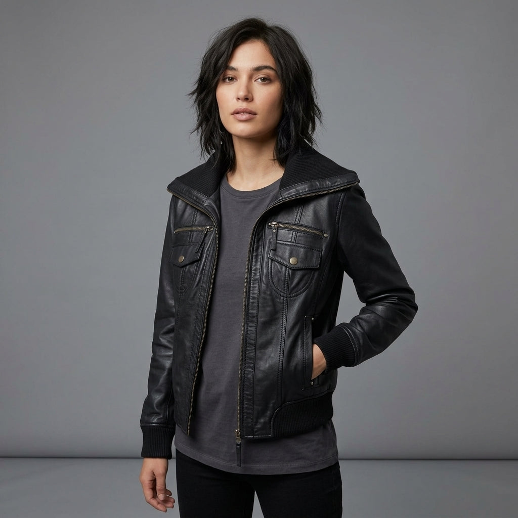 Women's Black Leather Jacket with Ribbed Collar & Cuffs