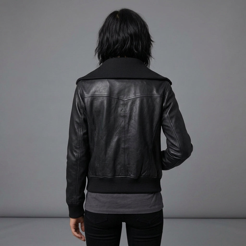 Women's Black Leather Jacket with Ribbed Collar & Cuffs