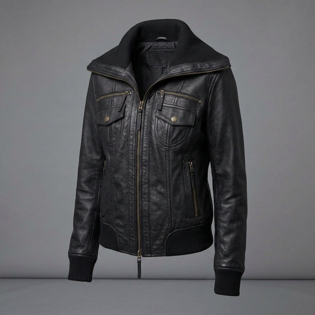 Women's Black Leather Jacket with Ribbed Collar & Cuffs