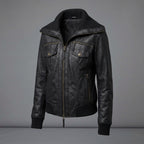 Women's Black Leather Jacket with Ribbed Collar & Cuffs