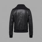 Women's Black Leather Jacket with Ribbed Collar & Cuffs