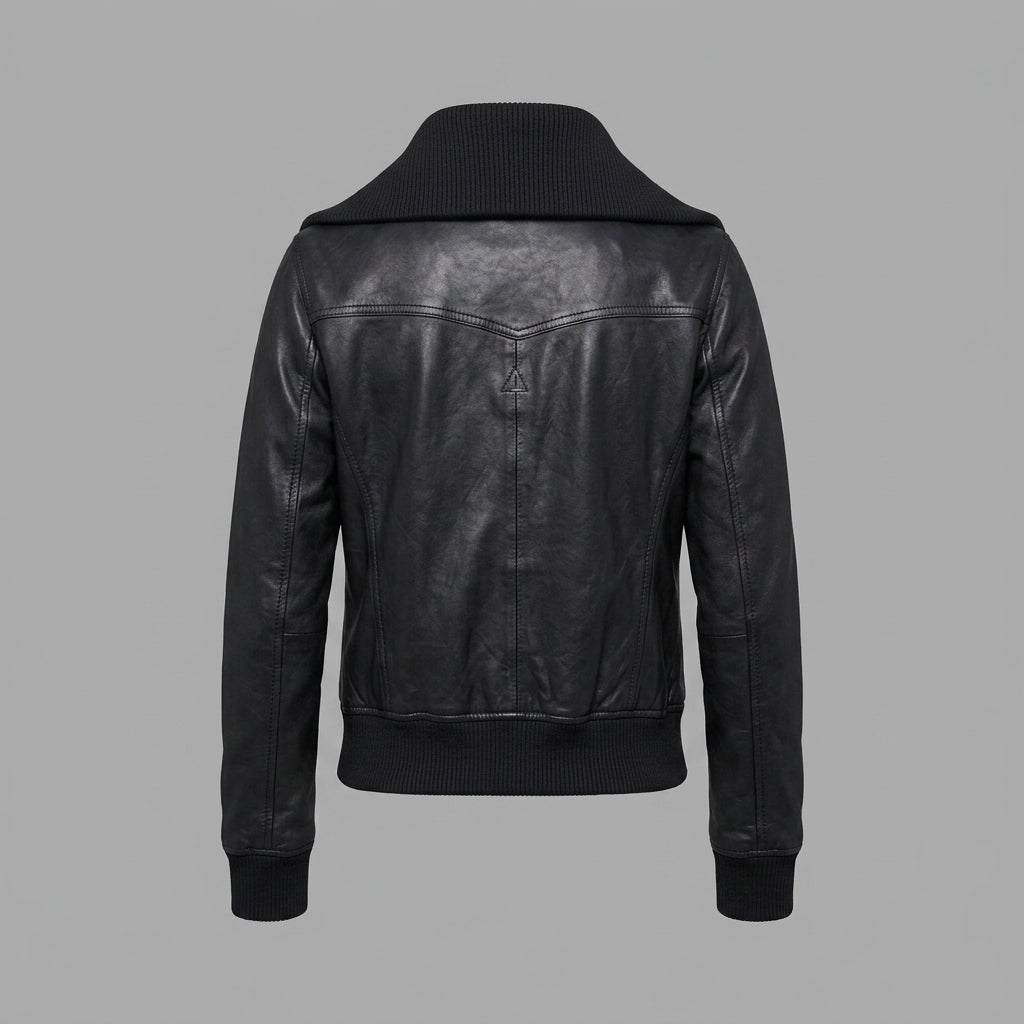 Women's Black Leather Jacket with Ribbed Collar & Cuffs