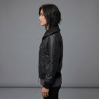 Women's Black Leather Jacket with Ribbed Collar & Cuffs