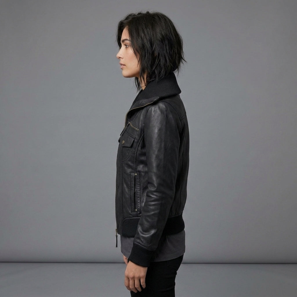 Women's Black Leather Jacket with Ribbed Collar & Cuffs
