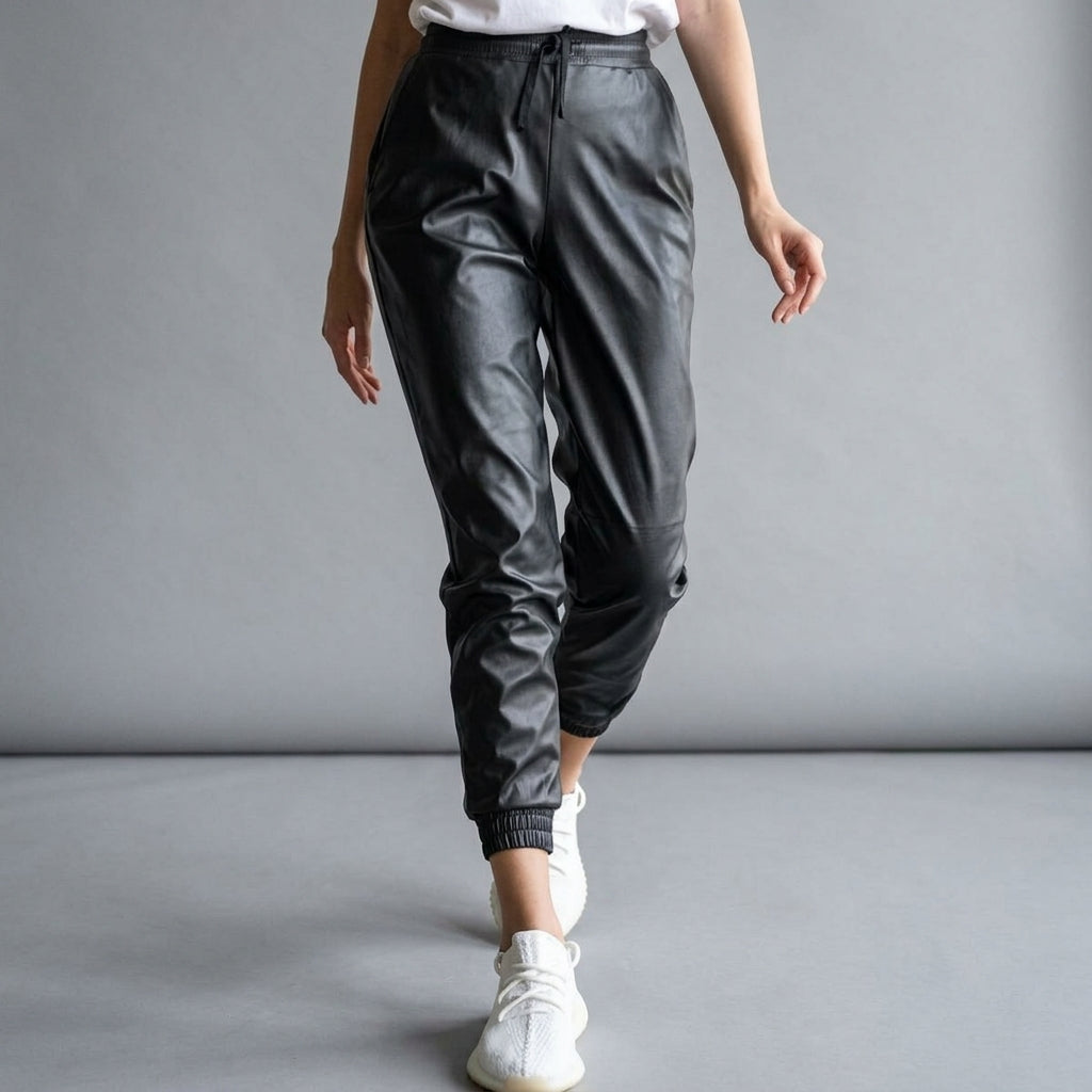 Women's Black Leather Jogger Pants