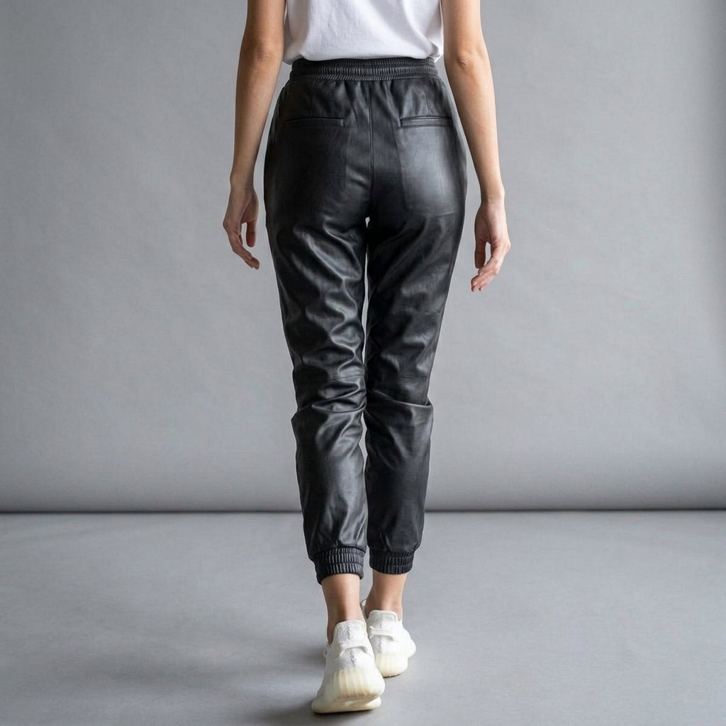 Women's Black Leather Jogger Pants